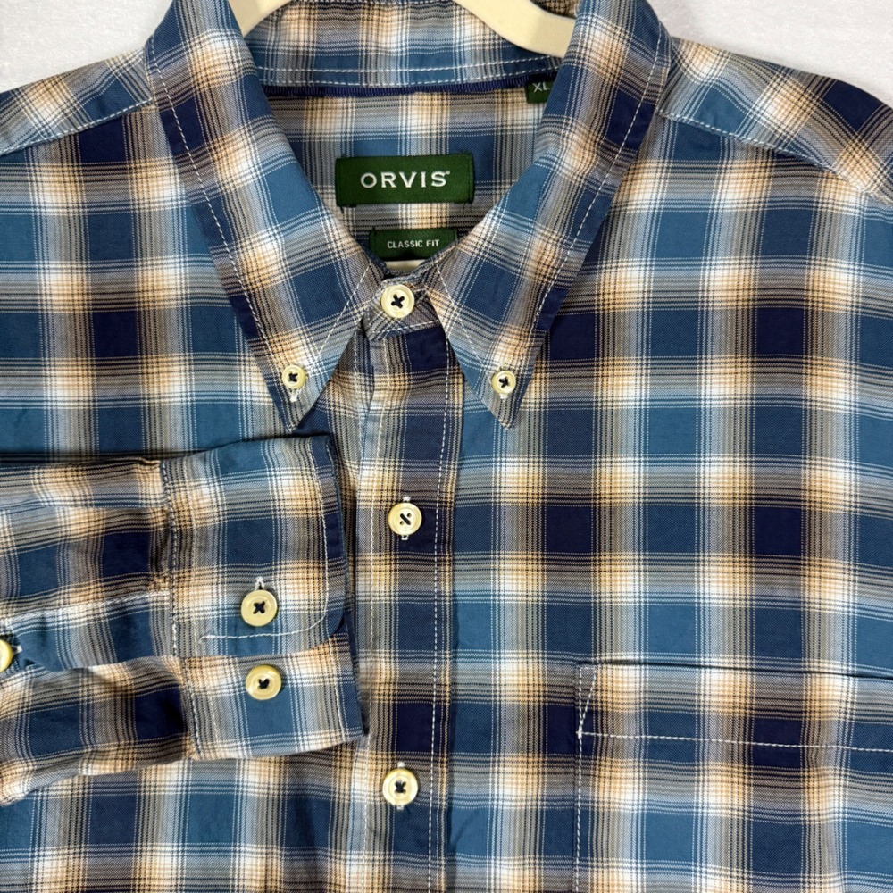 Orvis Button Down Shirt‎ XL Blue Tan Plaid Classic Fit Cotton Lyocell Stretch